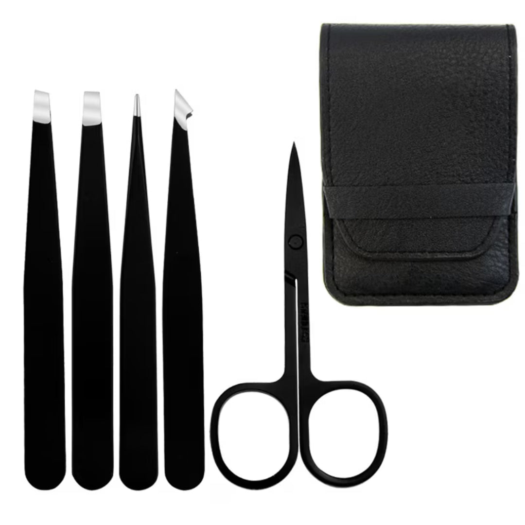 Set de 5 pensete din Otel Inoxidabil si Foarfeca pentru Sprancene