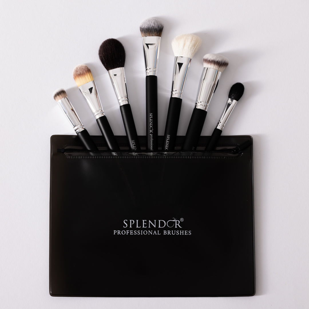 Set 7 pensule profesionale Splendor pentru machiajul fetei par sintetic / capra + borseta
