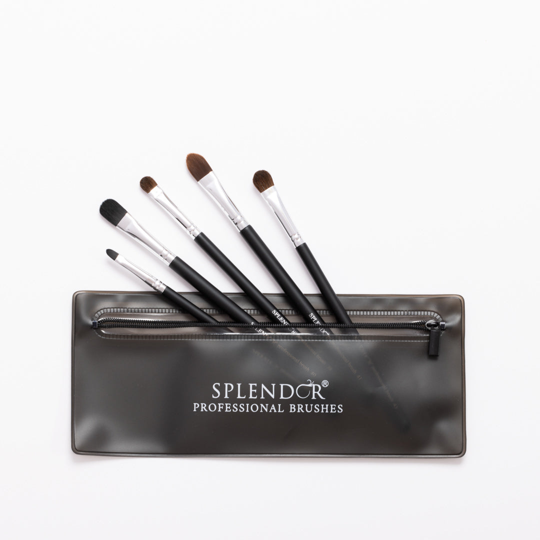 Set 5 pensule profesionale Splendor plate pentru ochi si fata / par natural si sintetic + borseta
