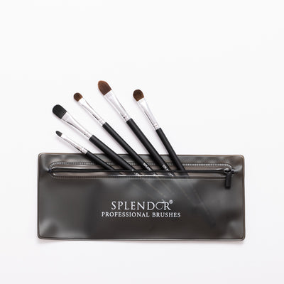 Set 5 pensule profesionale Splendor plate pentru ochi si fata / par natural si sintetic + borseta