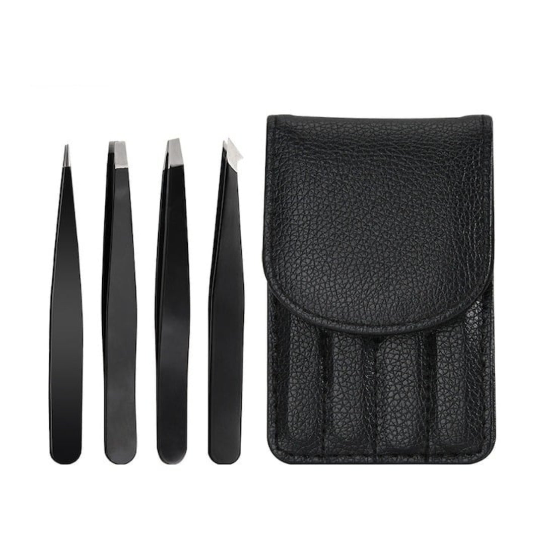 Set 4 pensete multifunctionale pentru gene si sprancene inox cu husa din piele ecologica