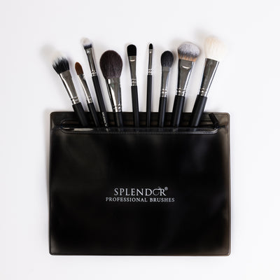 Set 9 pensule profesionale Splendor pentru machiajul fetei par fibre moi sintetice / capra  + borseta