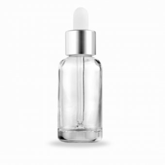 Recipient sticla transparenta cu pipeta alba si ornament argintiu 15 ml